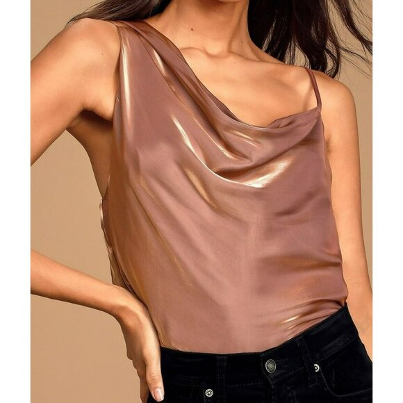 FREE PEOPLE Metallic SHIMMY SHIMMY One Shoulder Cami Top Sz M Blush Bronze - Picture 1 of 7